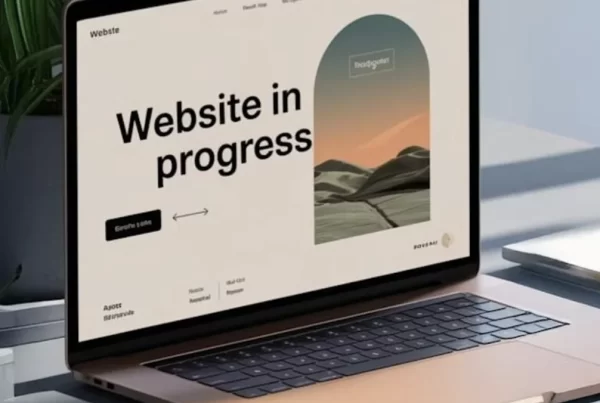Laptop screen showing “Website in progress” representing strategic website design in Newcastle focused on performance, clarity and conversions rather than aesthetics alone.